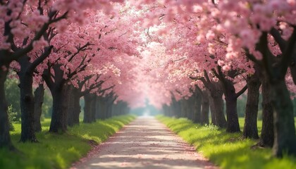 Paved road with cherry blossom flowers at the surroundings, blue sky with birds making magnificent scenario