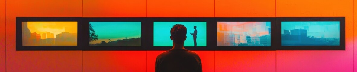 A man is looking at a wall with four different pictures on it