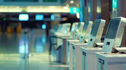 Fototapeta premium Empty airport check-in counters with electronic displays. Flight schedule, airline information, self-service kiosks, airport terminal, waiting area, boarding, and passenger services.