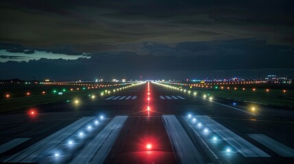 Fototapeta premium Airport runway illuminated by colorful lights at night, extending into the horizon. Long perspective of runway with city lights in the distance and dark sky overhead