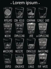 hand drawing of coffee menu in color chalk on blackboard style. Vector and illustration design