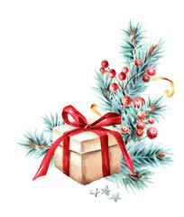 Christmas gift box with Winter festive decor., Watercolor real hand drawn illustration, isolated on white background