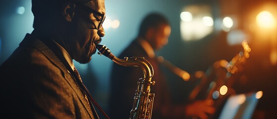 Musician playing saxophone on stage.