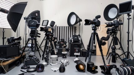 Collection of professional video and camera equipment in a studio setting with lighting gear and accessories. Indoor workspace filled with tripods, lenses, and cameras