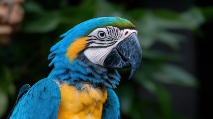 Fototapeta premium Blue and Gold Macaw Parrot Portrait with Green Background