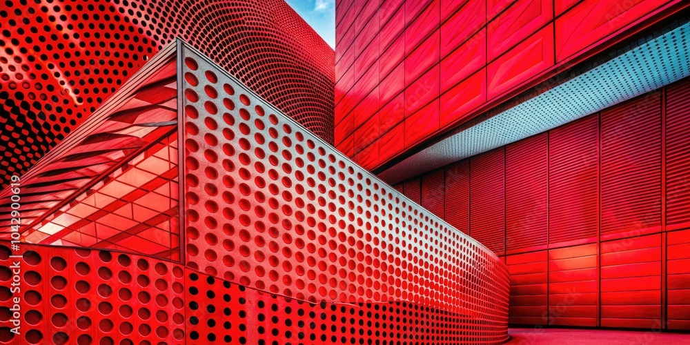 Poster dynamic architectural photography with a red abstract background featuring halftone patterns for cre