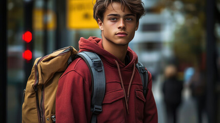 Fototapeta premium Young High School Student with Backpack Outdoors in Urban Setting