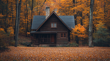 An inviting wooden house with a chimney, radiating warmth during the Thanksgiving season.