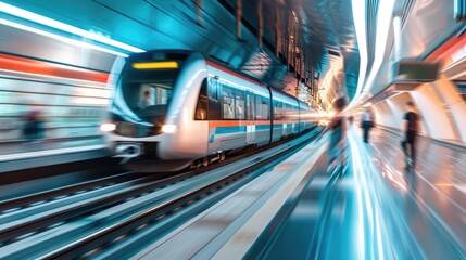 Train moving at high speed through airport station. Public transportation, metro, travel, commuting, city transit, and passenger service.