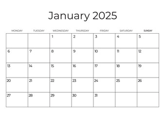 Printable Monthly Calendar Template for January 2025. Wall Calendar in a Minimalist Style. Week Starts on Monday. Simple and clean design. Vector