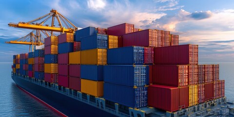 Fototapeta premium Cargo Ship Container Terminal International Trade and Logistics