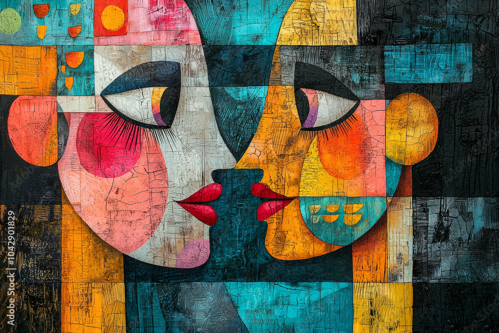 Poster colorful abstract artwork depicting two faces in a close embrace, showcasing vivid patterns and expr