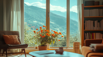 Obraz premium view of interior living room with mountain outside the window