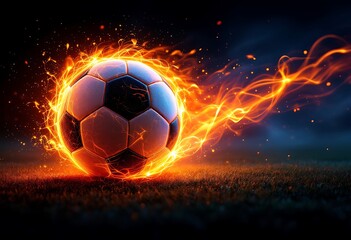 Fototapeta premium Illustration of the soccer ball enveloped in flames of fire isolated on black background. 
