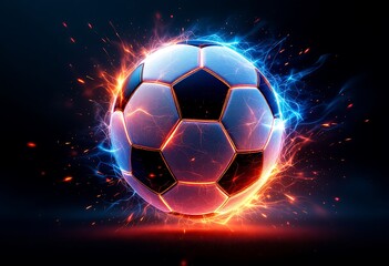 Fototapeta premium Illustration of the soccer ball enveloped in flames of fire isolated on black background. 