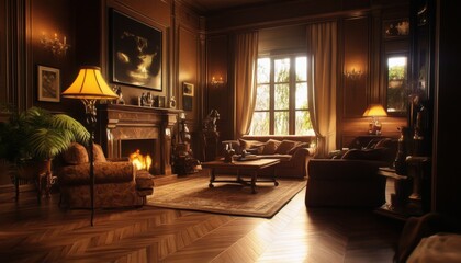 Luxurious living room with fireplace, large windows, and ornate decor.