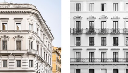 Elegant black and white photo of stone balconies and tall windows, illustrating the beauty and detail of traditional European architecture