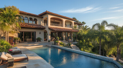 Fototapeta premium Beautiful House with a Sparkling Pool, Luxury Residential Property Featuring Modern Architecture, Outdoor Pool, and Scenic Surroundings