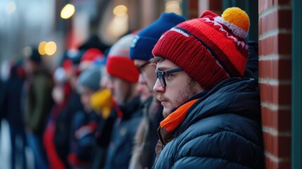 Fototapeta premium Eager shoppers in winter attire wait patiently in line outside store, showcasing their colorful hats and jackets. atmosphere is filled with anticipation and excitement