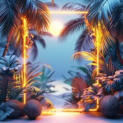 Obraz premium Tropical landscape with palm trees and glowing lights, travel concept, copy space