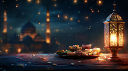 Obraz premium A plate of food with a mosque in the background with Ramadan Background