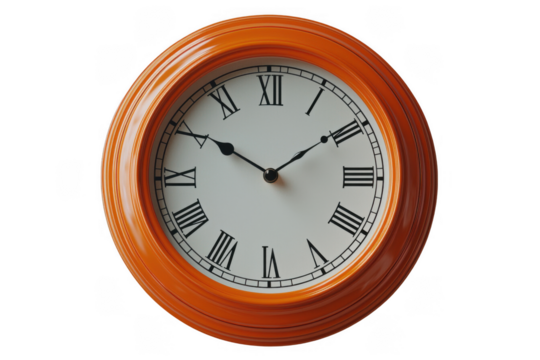 Orange wall clock isolated on transparent background, png file, no background png file
