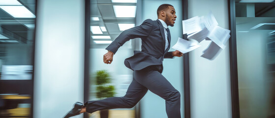 A black businessman in a suit runs frantically through an office as papers fly around him, capturing the rush of success and the stress of corporate life