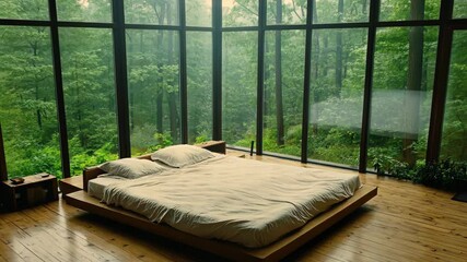 A large bed with white linens sits in front of floor-to-ceiling windows overlooking a lush green forest