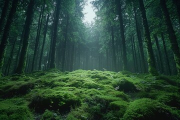 Obraz premium Lush Green Moss Covering Forest Floor Under Tall Trees