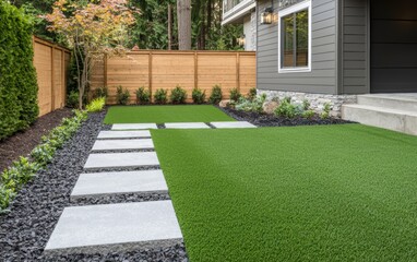 Modern house exterior with a perfectly manicured artificial grass lawn, stone garden beds, and sleek wood paneling, highlighting suburban luxury