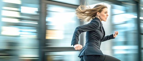 Female businesswoman in a suit running swiftly towards success in a modern office environment with motion blur emphasizing her dynamic action