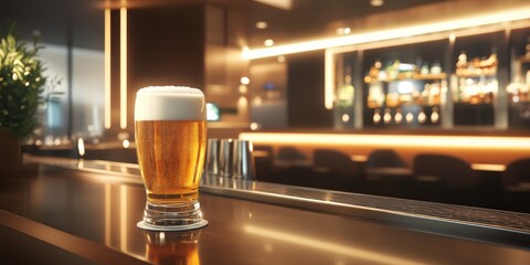 A modern European pub with a sleek design.  A glass of beer sits on the bar. This is a computer-generated image.