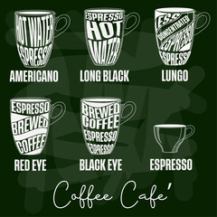 Different coffee in vintage style drawing with chalk on the blackboard.