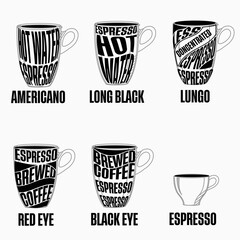 Different coffee cup menu drawing with alphabet picture style on the white background