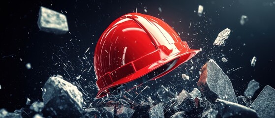Safety helmet breaking upon impact with flying debris, a dynamic image showing the risks faced by workers and the critical role of protection gear