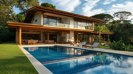 Fototapeta premium Beautiful House with a Sparkling Pool, Luxury Residential Property Featuring Modern Architecture, Outdoor Pool, and Scenic Surroundings