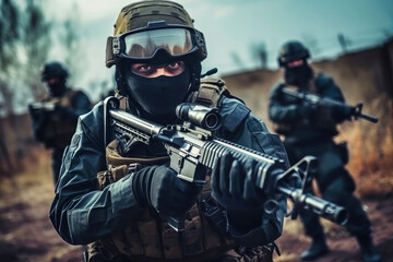 Chinese soldier in tactical gear takes aim during a training exercise in a rural landscape, showcasing military readiness and strategy in action