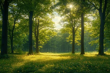 Fototapeta premium Sunbeams Illuminating a Forest Clearing with Wildflowers