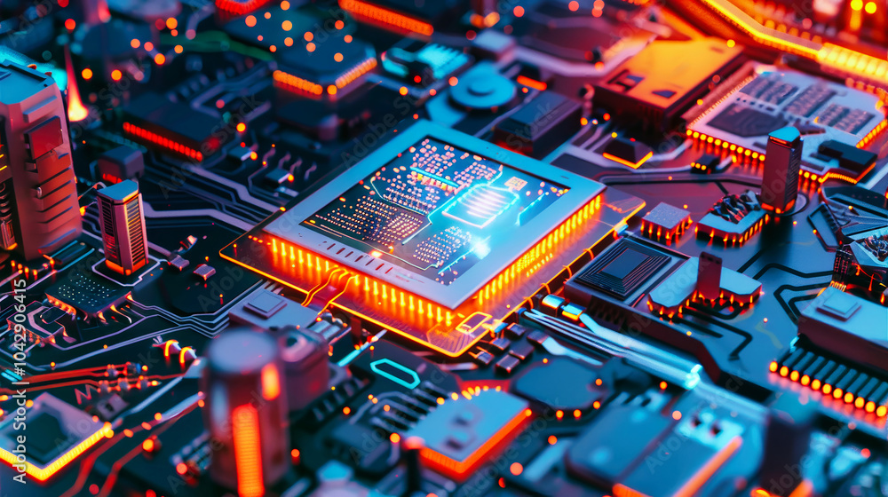 Aufkleber aerial view of a sophisticated ai chip with a holographic interface and circuitry amidst futuristic 