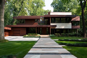 Obraz premium Sunlit suburban house with an expansive green lawn, minimalist stone pathway, and wood details, illustrating the beauty of contemporary living spaces