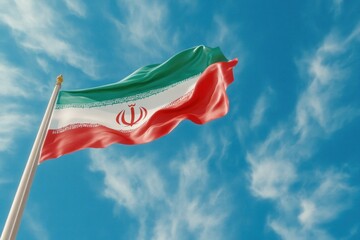 Iranian flag waving against a bright blue sky with wispy clouds. Represents national pride, sovereignty, and heritage.