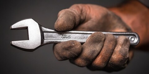 Obraz premium Close up of a Dirty Hand Holding an Adjustable Wrench