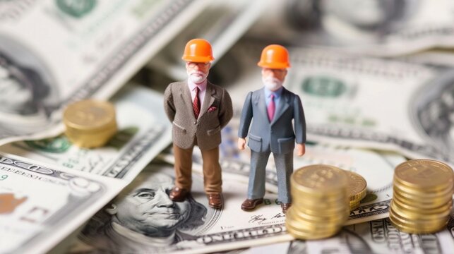 Miniature businessmen in hard hats standing on dollar bills and coins. Representation of financial growth, investment, and construction industries. - Powered by Adobe