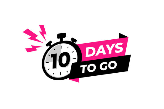 10 days to go banner label, countdown timer sticker vector illustration with stopwatch