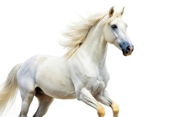 Obraz premium Low angle view of a white regular horse isolated on a white background