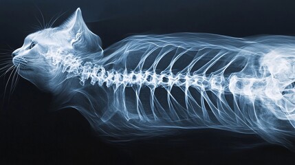 2410 65.Close-up X-ray of a catâ€™s body, focusing on the spine and chest area, used in veterinary clinics to diagnose health issues, with detailed bone structure visible for clinical examination.