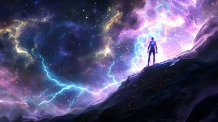 Fototapeta premium Aetheric tendrils of electricity extend from a glowing figure towards distant stars