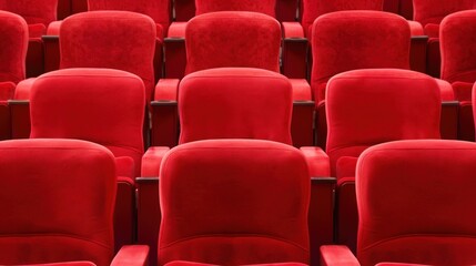 Obraz premium Rows of vibrant red theater seats in an empty auditorium. Performing arts venue, cinema experience, and event seating ambiance.
