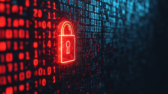 A detailed, glowing data key being inserted into a padlock made of binary code, unlocking a secure digital vault filled with personal files