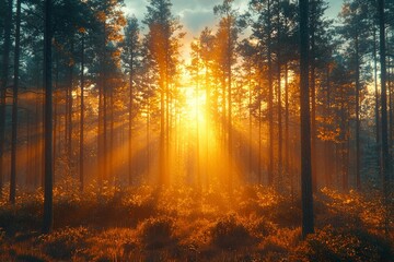 Obraz premium Golden Light Filtering Through a Dense Pine Forest